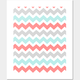 Coral Aqua Grey Chevron Pattern Posters and Art